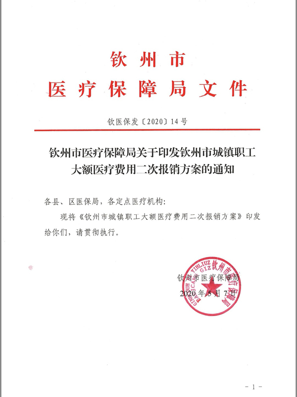 钦州市医疗保障局关于印发钦州市城镇职工大额医疗费用二次报销方案的通知